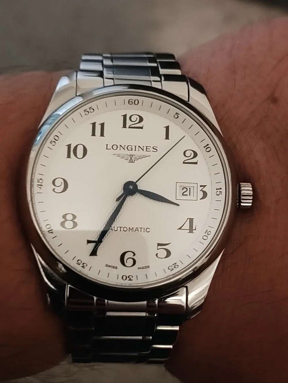 Longines Master Collection Watch in Silver and White With Blue Hands 40mm.